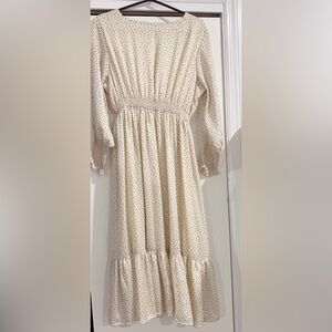 Cream Long-Sleeve Dress with Black Dots